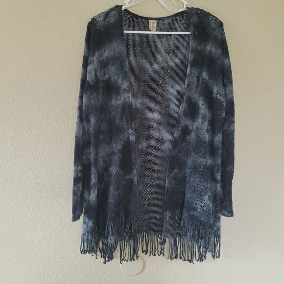 Xcvi Wearables Cotton Fringe Open Front Knit Cardigan Size Large Grunge Tie Dye - Picture 1 of 6
